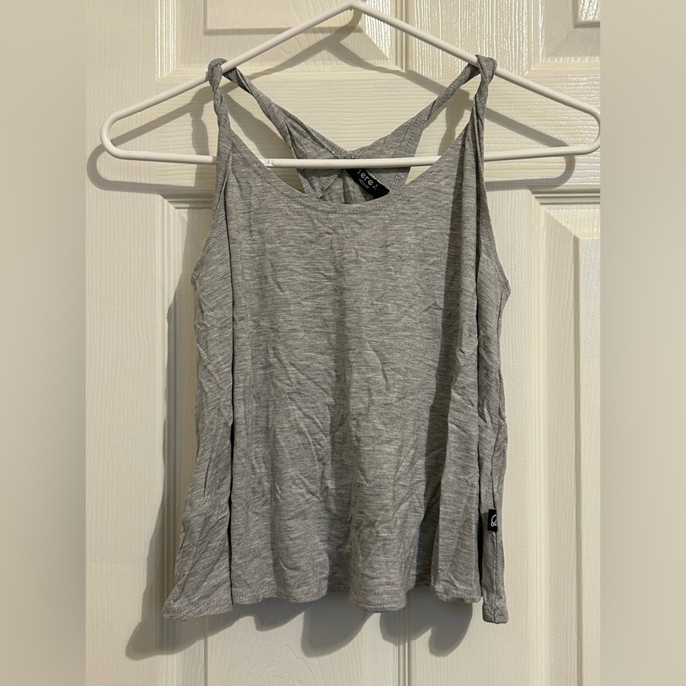 NWT Terez heather gray twisted strap flare tank. Girls size medium flash dance!
